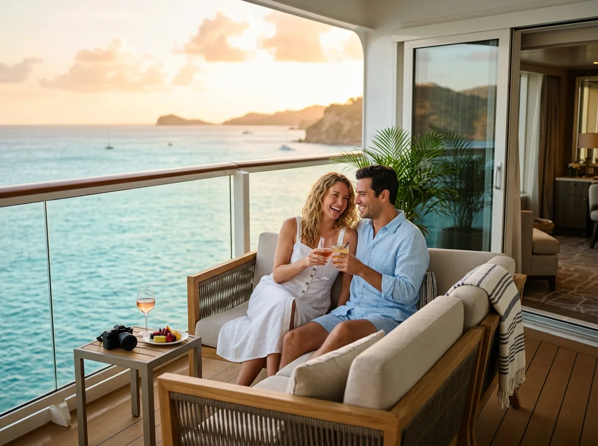 Couple enjoying a luxury cruise balcony with ocean views